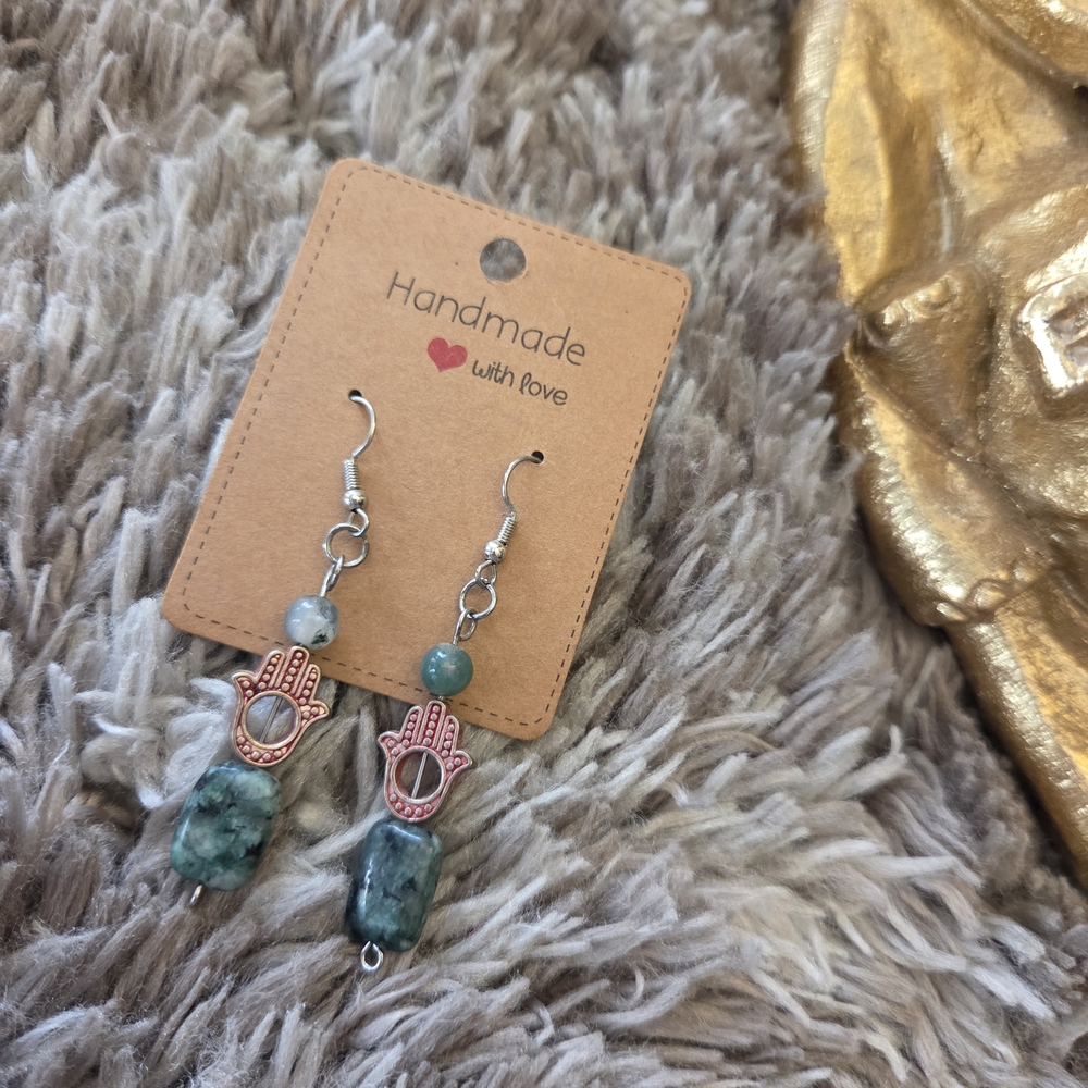 🔥3 For $20 Handmade Green Jasper And Red Hamsa Earrings